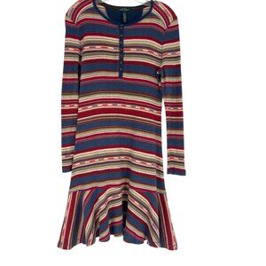 Lauren Ralph Lauren Dress Henley Waffle Knit Aztec Striped Southwestern Dress-L